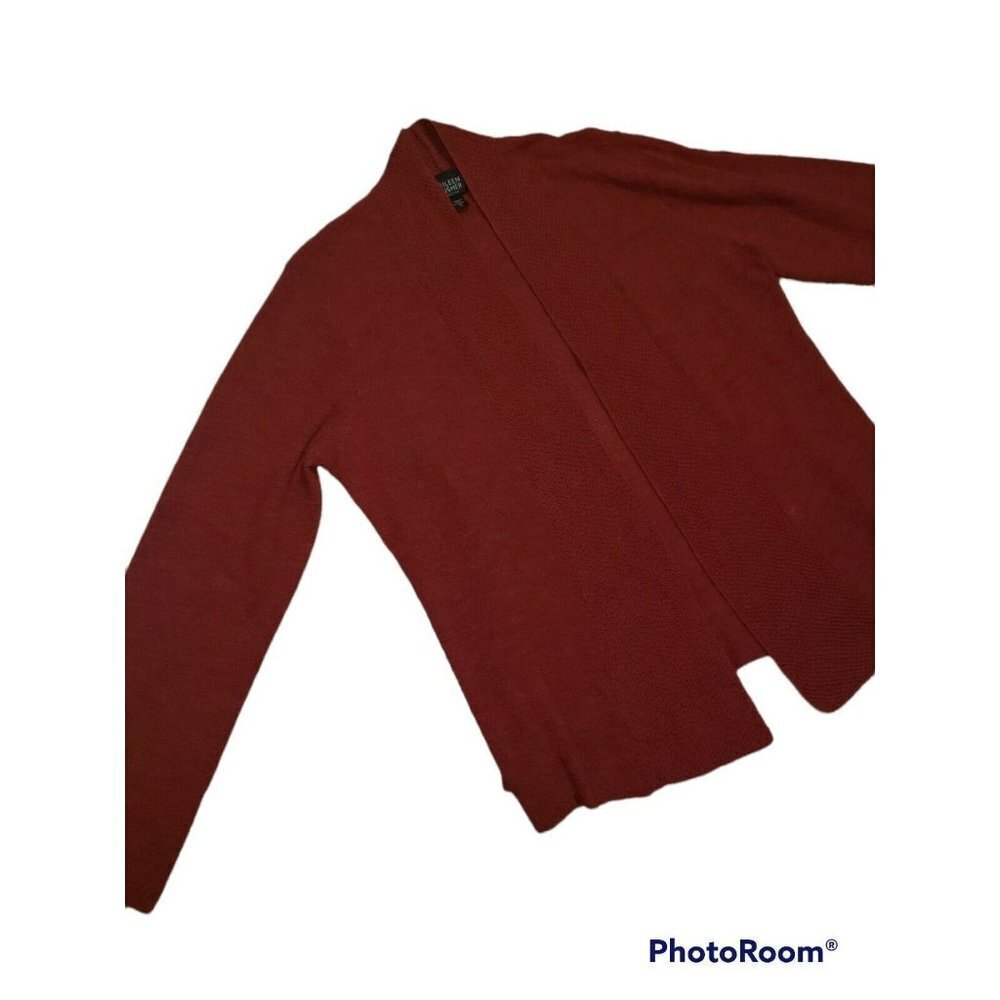 EILEEN FISHER 100% Wool Open Cardigan Sweater Draoe Burgundy Red Petite Large